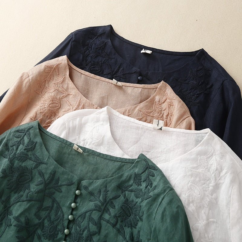 Embroidered Vintage Cotton Linen Shirt
